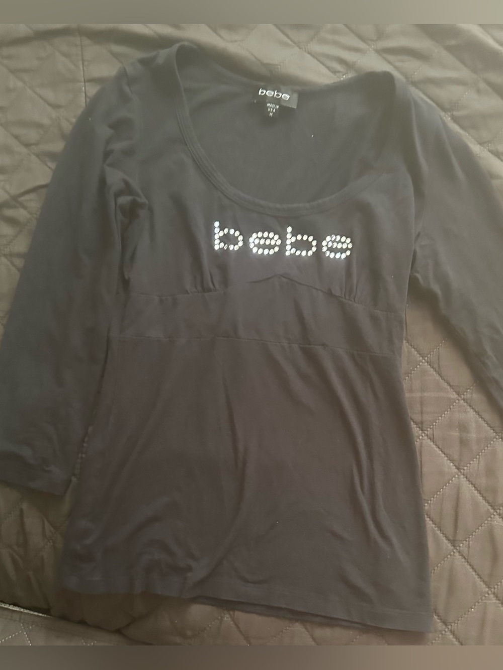 bebe Black Scoop Neck Top with Rhinestone Logo